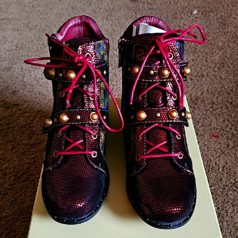 Spring Step Black and Red Combat Boots with Durable Design